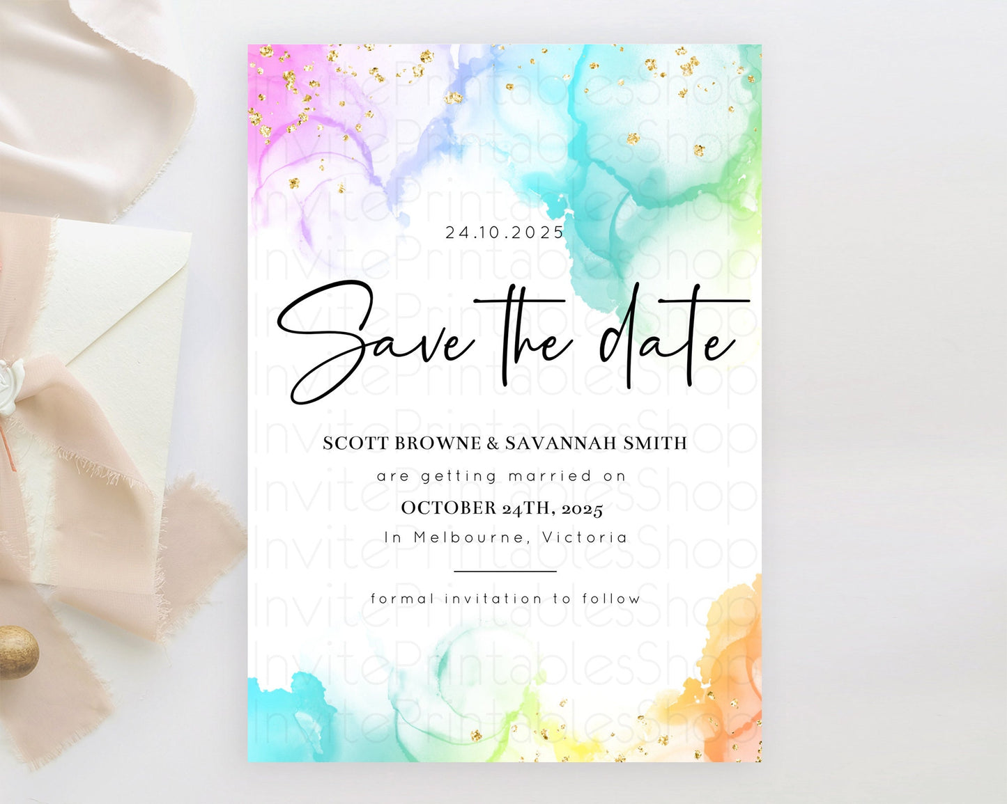 Pastel Save The Date Template Pastel Ombre Rainbow Watercolor Colorful Party For Birthday Baptism Baby Shower Wedding Bridal Shower D10181