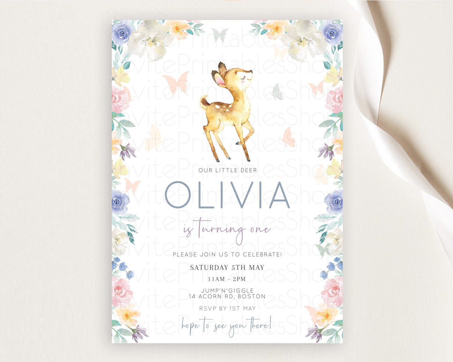 Fawn Birthday Invitation Deer Birthday Invitation Enchanted Forest Party Butterfly Pastel Flowers Whimsical 2nd 1st First Birthday D11035