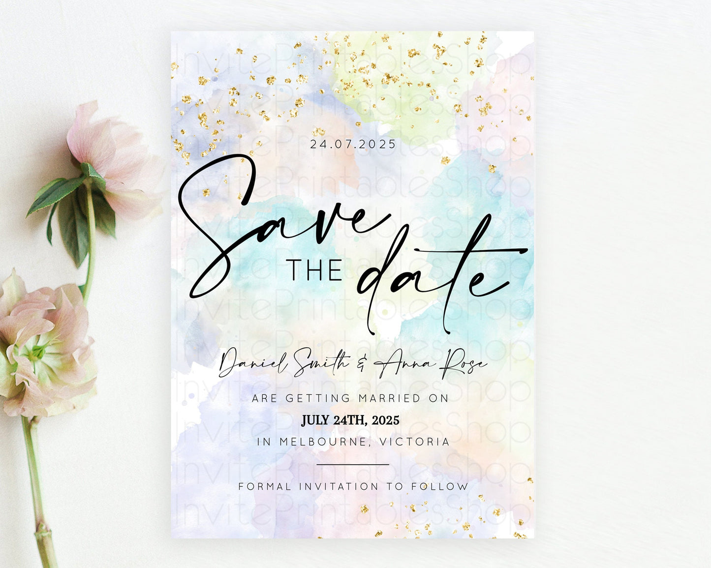 Pastel Save The Date Template Pastel Ombre Rainbow Watercolor Colorful Party For Birthday Baptism Baby Shower Wedding Bridal Shower D10613