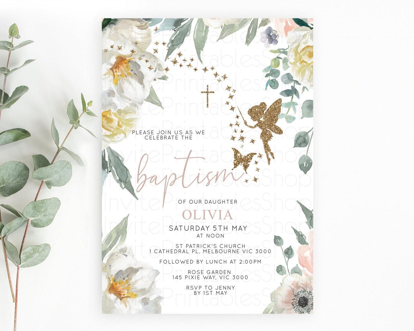 Fairy Baptism Invitation Fairy Baptism 1st Birthday Invitation Enchanted Secret Garden Christening Invite Pastel Floral Butterfly D10800