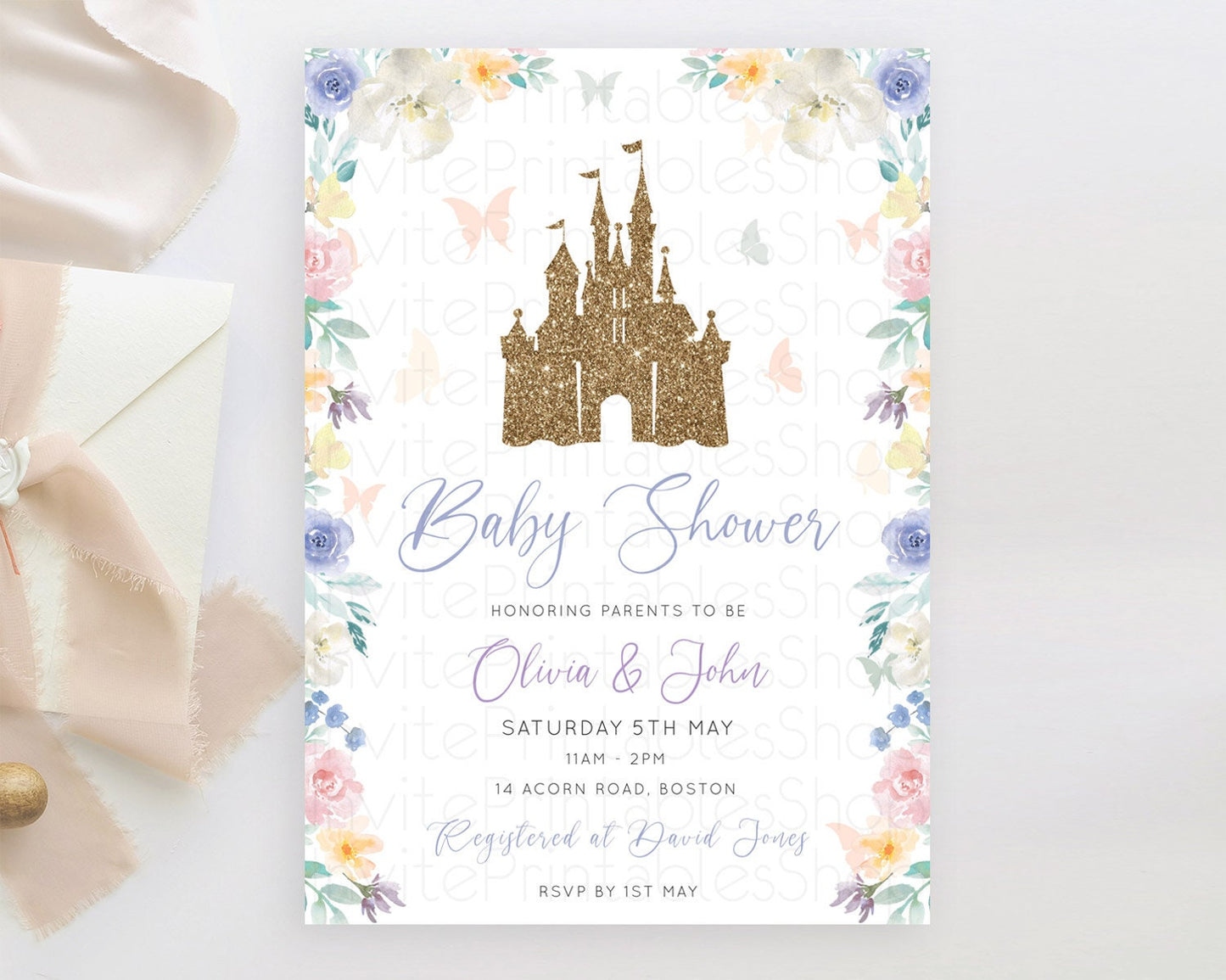 Pastel Princess Baby Shower Invitation Floral Castle Invitation Royal Baby Invite Enchanted Castle Pastel Flower Garden Baby Shower D10931
