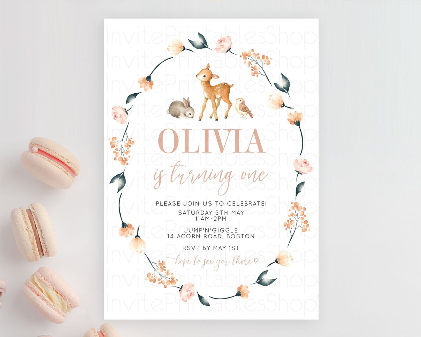 Fawn Birthday Invitation Deer Birthday Invitation Enchanted Forest Party Butterfly Pastel Flowers Whimsical 2nd 1st First Birthday D10241