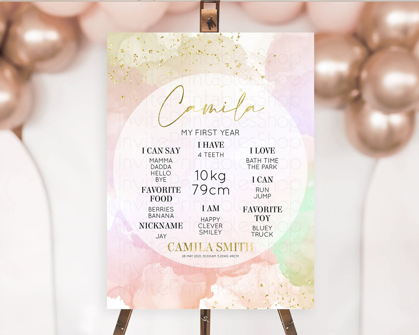 Pastel First Birthday Milestone Board Pastel Rainbow Milestone Poster Colorful Confetti Watercolor Glitter 1st Birthday Welcome Sign D10627