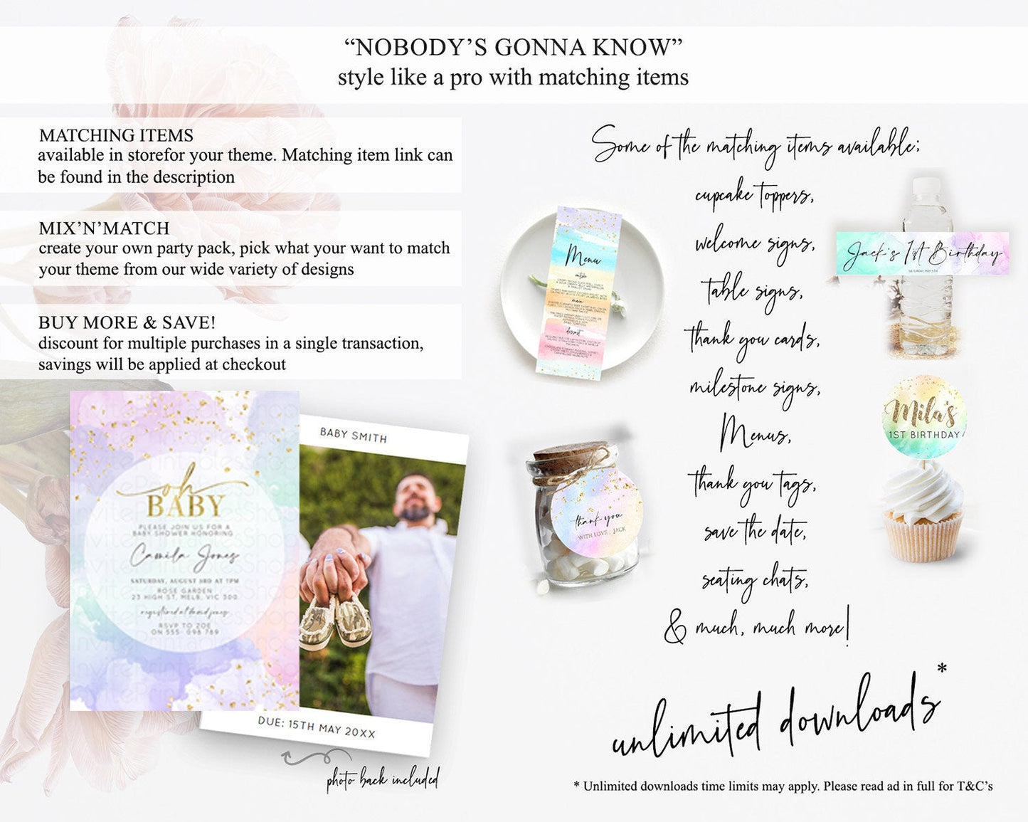 Pastel Rainbow Baby Shower Invitation, Colorful Watercolor with Gold Glitter Sprinkles and Ombre Clouds in Pink, Purple, Soft Green D10624