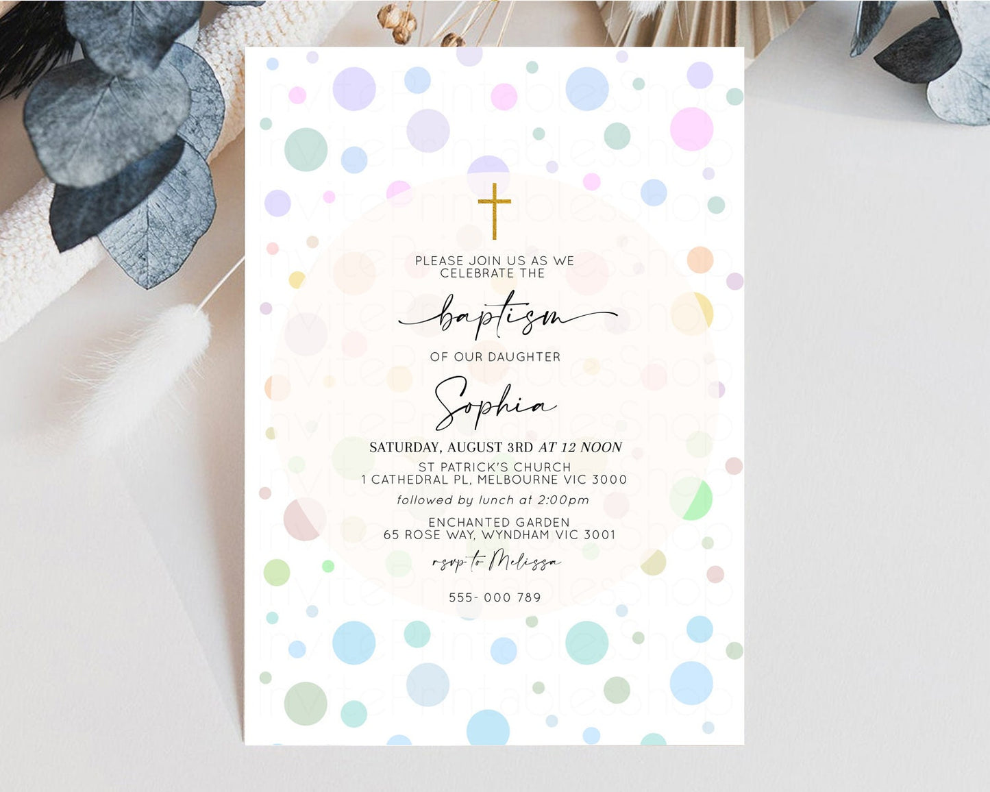 Pastel Baptism Invitation Pastel Christening Invitation Rainbow Confetti Invite Pastel Bubbles Invite Balloons Multi Colors Gold Cross 12