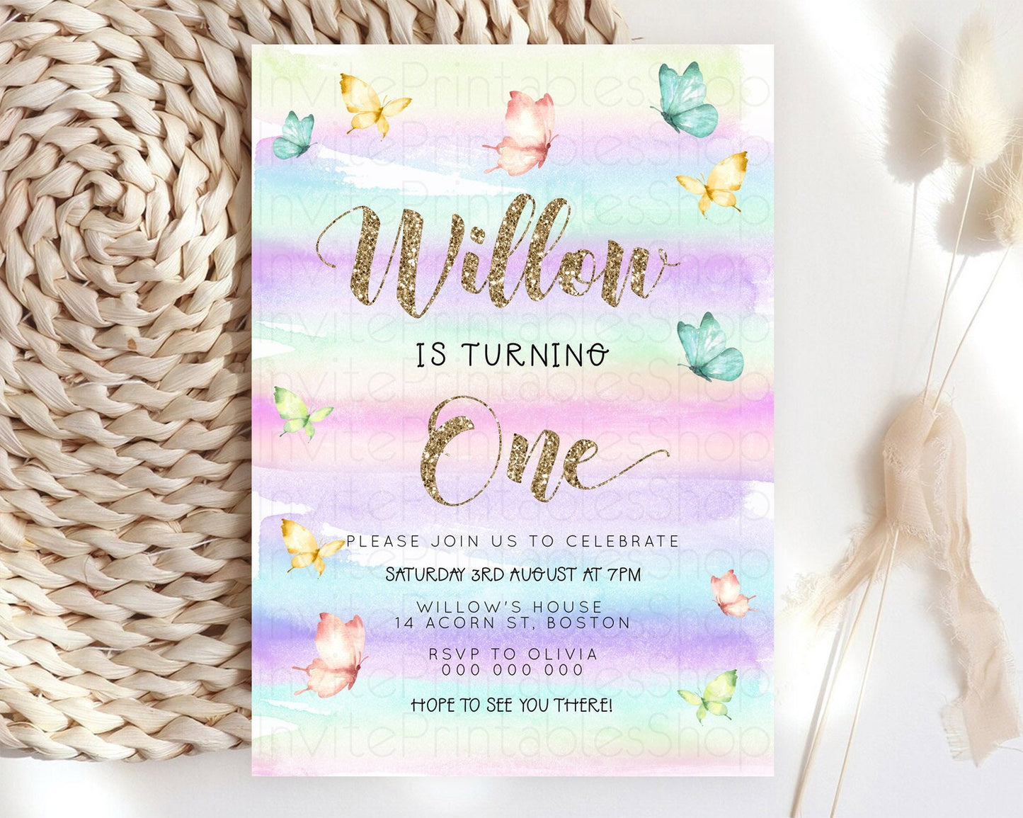 Pastel Butterfly Birthday Invitation Butterfly Birthday Invitation Colorful Splash Glitter Butterfly Garden 1st 2nd Birthday D23216