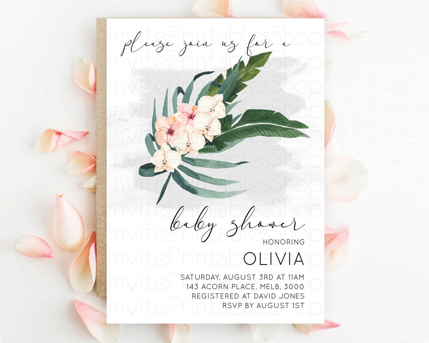 Tropical baby Shower Invitation Tropical Floral Baby Shower Invitation Palm Leaf Fern Invitation Frangipani White Orchid Invitation D11011