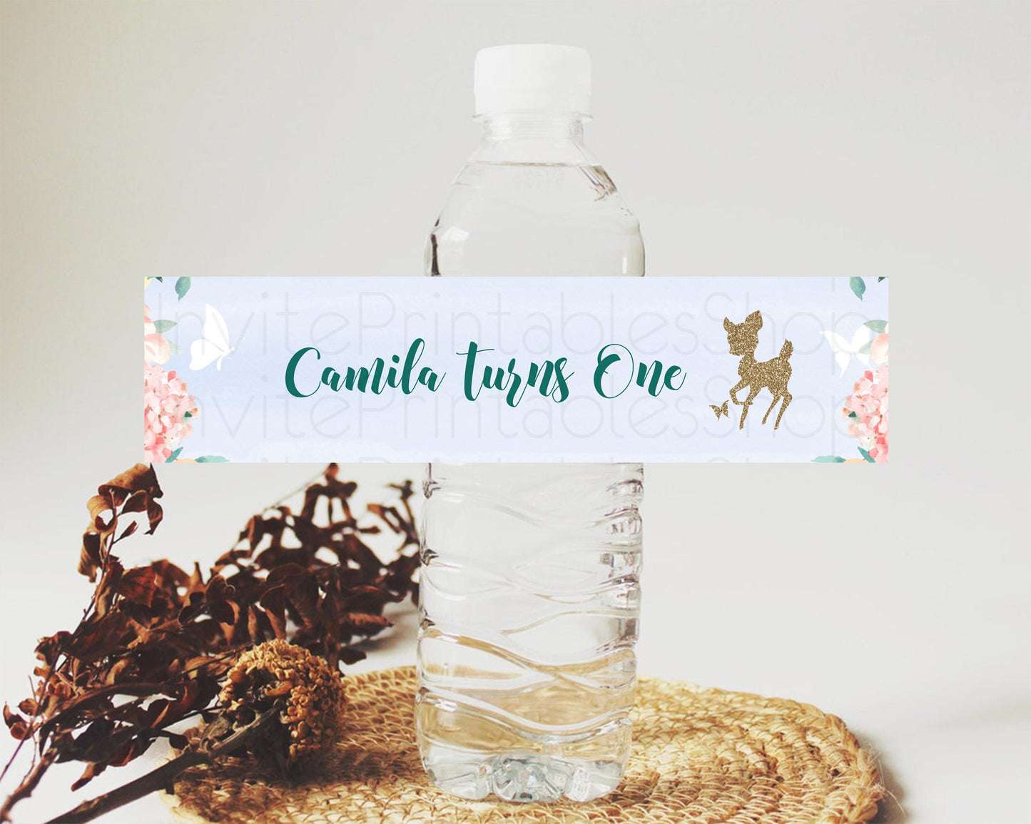 Fawn Deer Water Label Template Pastel Floral Deer Enchanted Forest Butterfly Party Decor Birthday Baptism Baby Shower Bridal Shower D10875