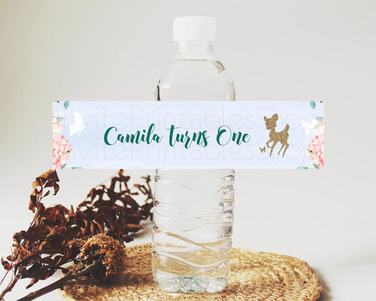 Fawn Deer Water Label Template Pastel Floral Deer Enchanted Forest Butterfly Party Decor Birthday Baptism Baby Shower Bridal Shower D10875