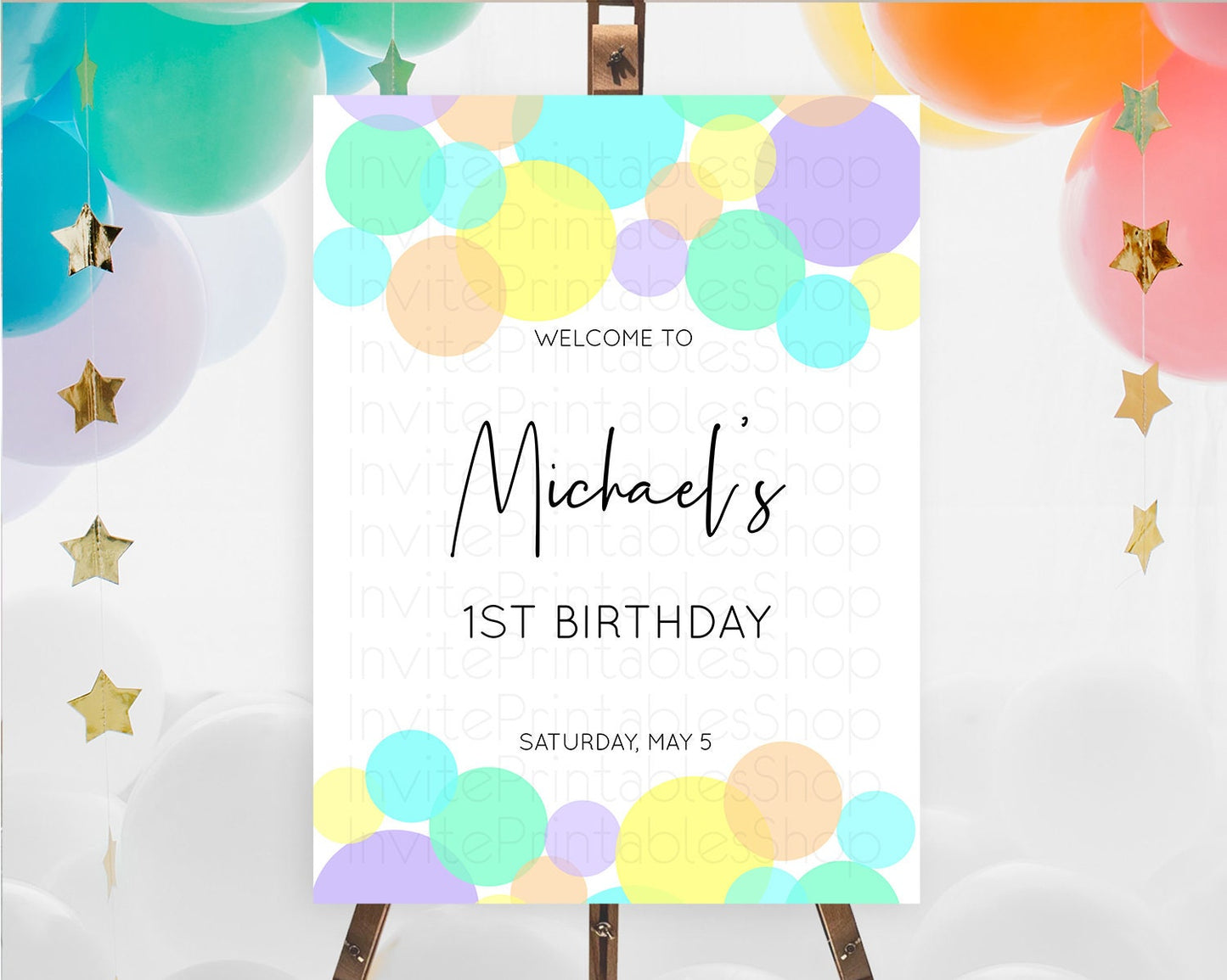 Rainbow Welcome Sign Pastel Welcome Board Pastel Rainbow Confetti Welcome Sign Colorful Bubbles Pastel First Birthday Welcome Sign D10412