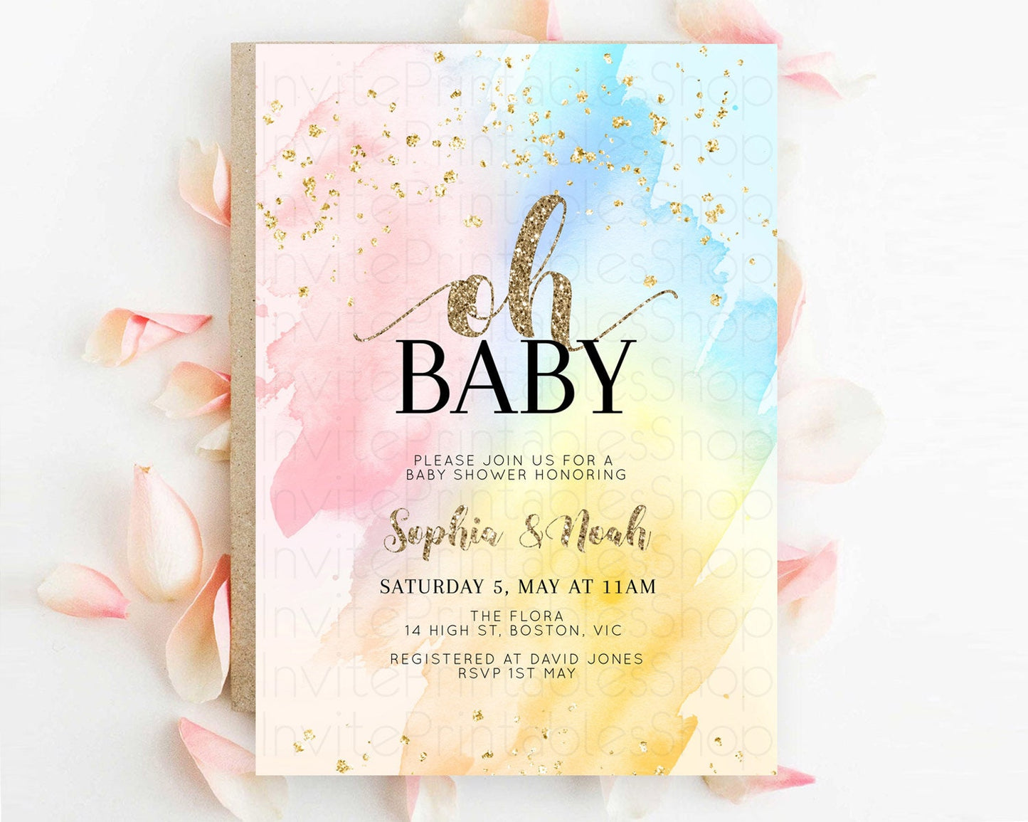 Pastel Baby Shower Invitation Rainbow Baby Shower Invitation Colorful Pastel Watercolor Invitation Gold Glitter Sprinkles Ombre D10556
