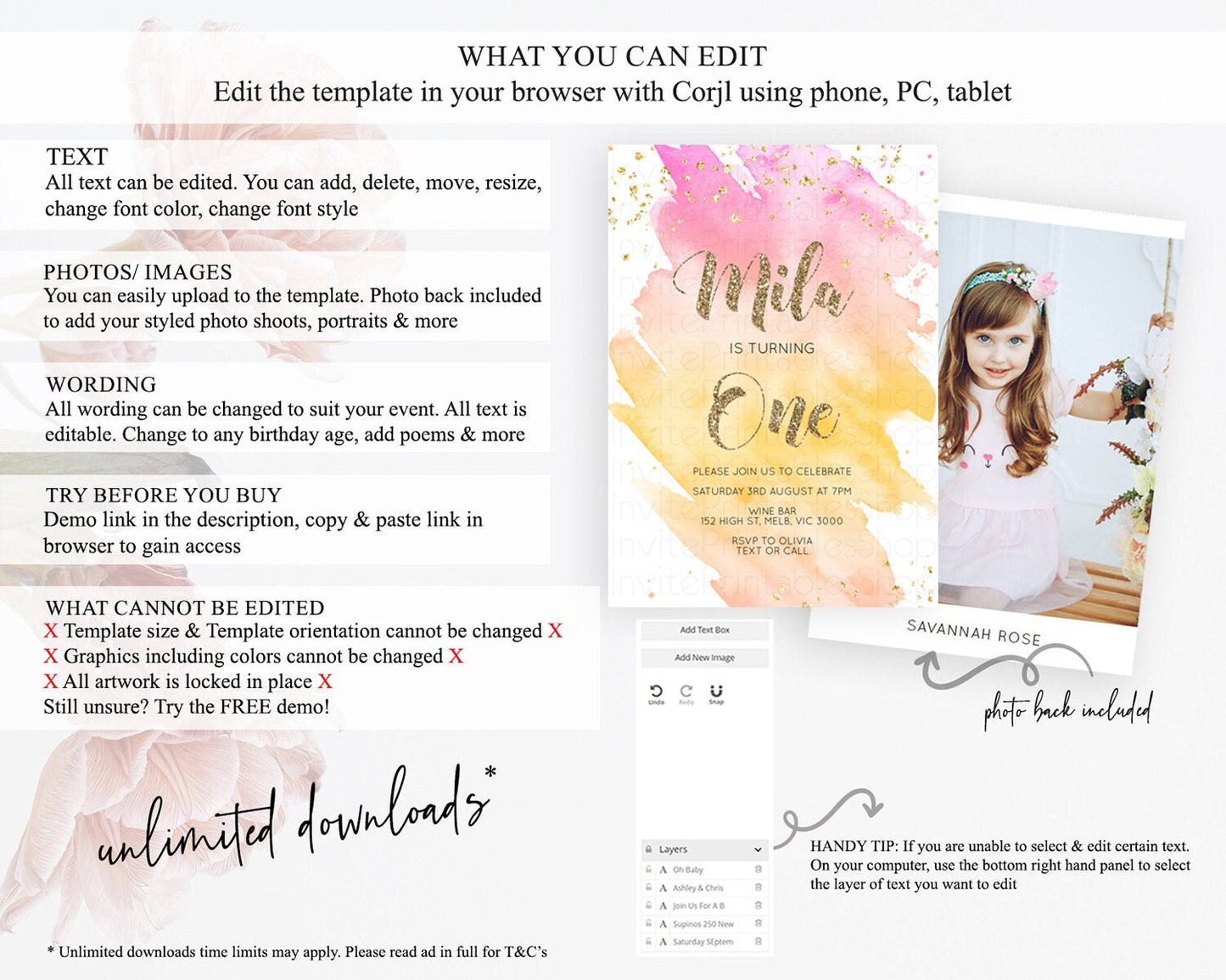 Rainbow Birthday Invitation Colorful Pastel Watercolor Invitation Gold Glitter Sprinkles Ombre Pastel 1st 2nd 3rd Birthday D10526
