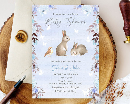 Bunny Baby Shower Invitation, Bunny Invitation, Enchanted Forest Theme, Secret Garden Pastel Blue Floral, Rabbit, Butterfly, Woodland D10923