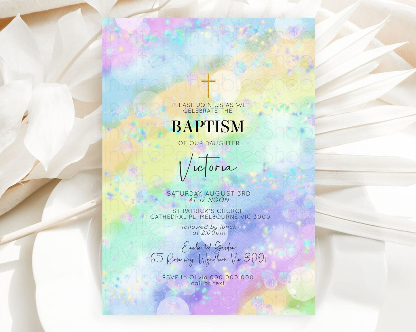 Rainbow Baptism Invitation Colorful Pastel Watercolor Baptism 1st Birthday Invitation Iridescent Glitter Sprinkles Ombre Christening D10689