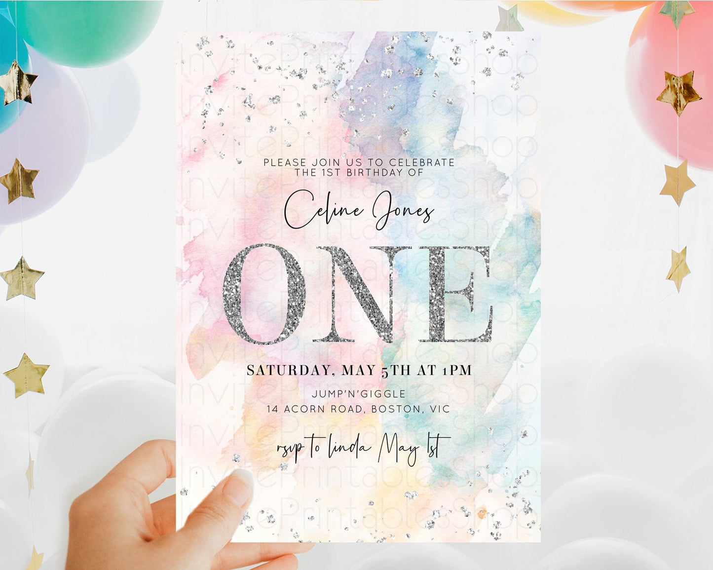 Rainbow Birthday Invitation Colorful Pastel Watercolor Silver Glitter Sprinkles Ombre Pastel Invitation 1st 2nd 3rd First Birthday D10945