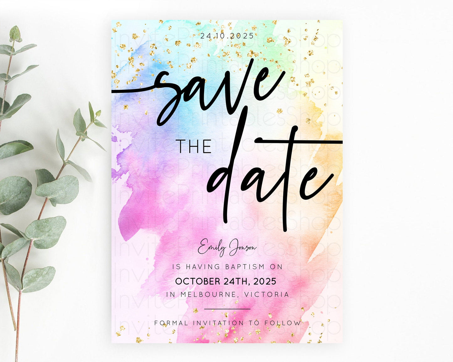 Pastel Save The Date Template Pastel Ombre Rainbow Watercolor Colorful Party For Birthday Baptism Baby Shower Wedding Bridal Shower D10449