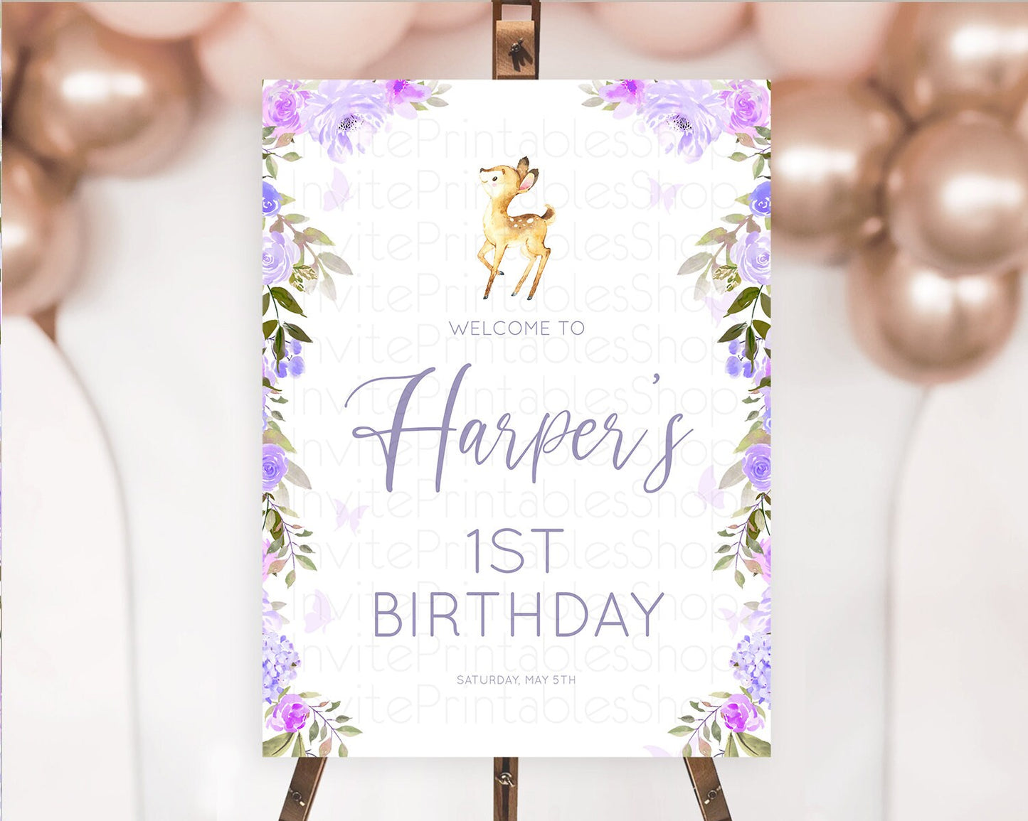 Fawn Welcome Sign Deer Welcome Board Floral Deer Welcome Poster Enchanted Forest Butterfly Pastel Floral First Birthday Welcome Sign D10916