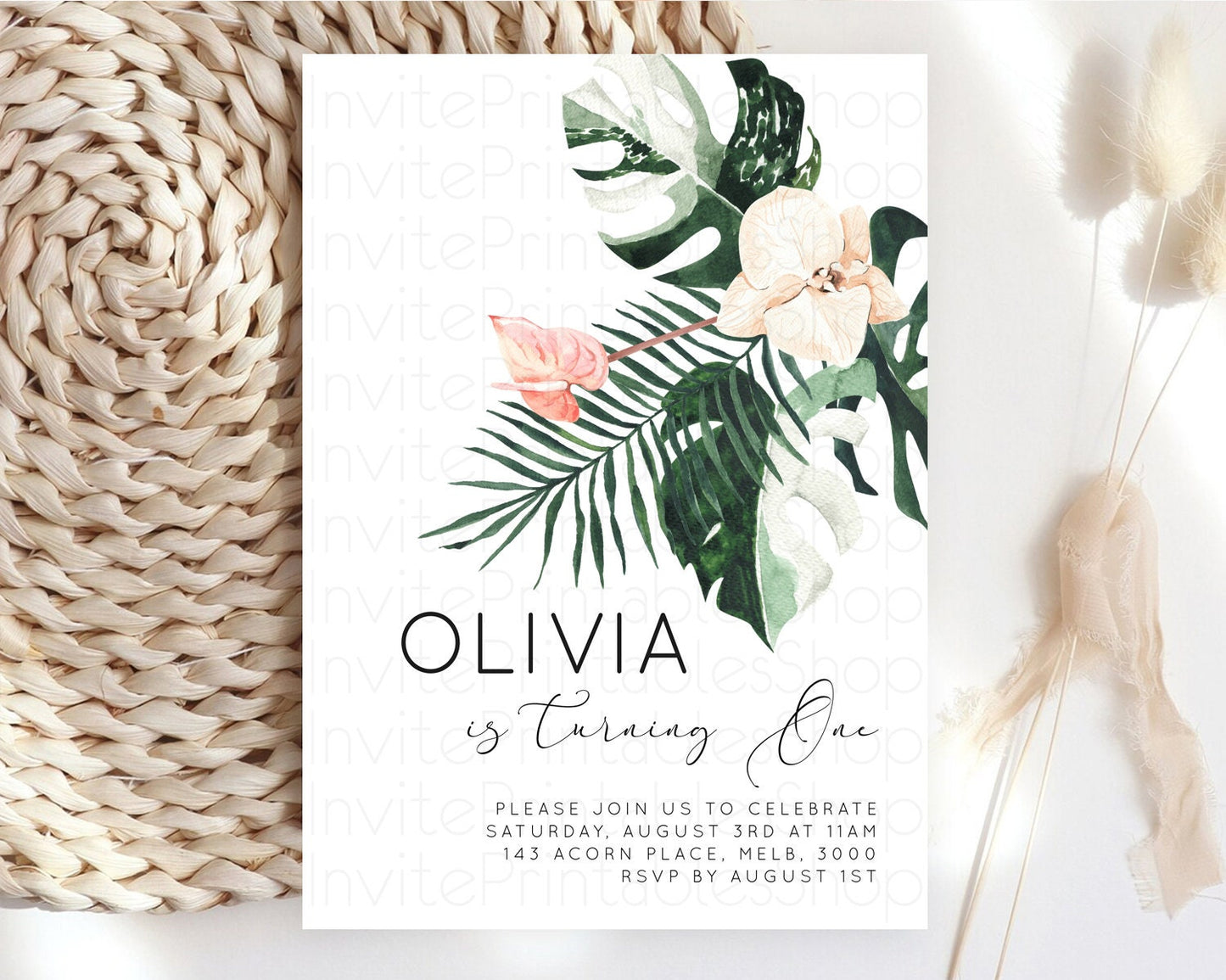 Tropical Invitation Tropical Birthday Invitation Tropical Floral Invitation Palm Leaf Fern Invite Frangipani White Orchid Invitation D11016