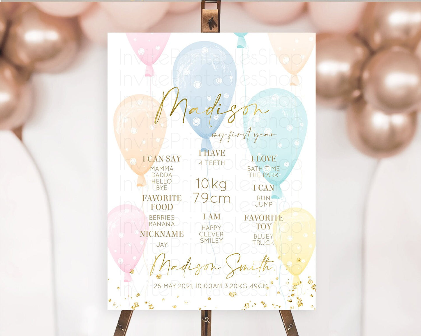 Pastel Balloons First Birthday Milestone Board Colorful Balloon Milestone Poster Rainbow Balloon Confetti 1st Birthday Welcome Sign D10182