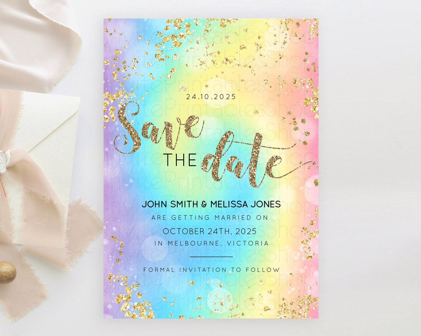 Tie Dye Save The Date Template Rainbow Pastel Ombre Watercolor Party For 1st Birthday Baptism Baby Shower Bridal Shower Wedding D10568