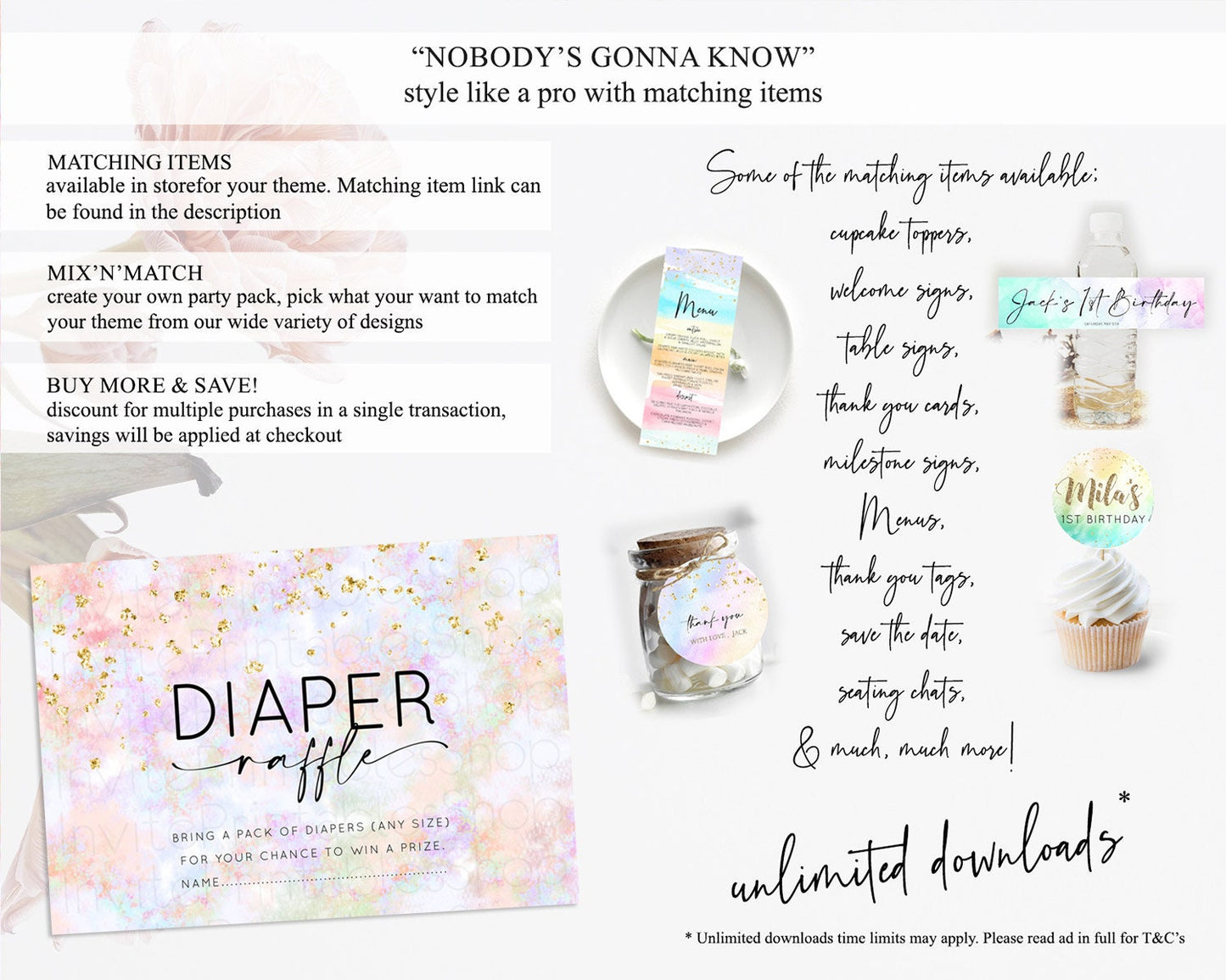 Pastel Diaper Raffle Card Pastel Rainbow Diaper Raffle Insert Colorful Ombre Watercolor Diaper Ticket Confetti Glitter Raffle Game D10649