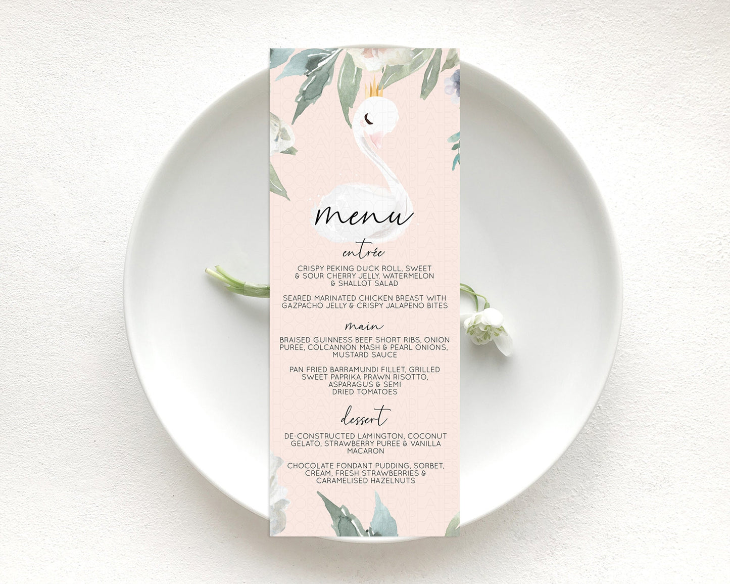 Swan Menu Swan Princess Ballet Menu Template Enchanted Swan Lake Table Decor Secret Garden Pastel Floral Dinner Dessert Food Menu  D10755