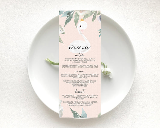 Swan Menu Swan Princess Ballet Menu Template Enchanted Swan Lake Table Decor Secret Garden Pastel Floral Dinner Dessert Food Menu  D10755