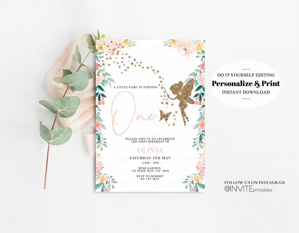 Fairy Birthday Invitation Floral Garden Tea Party Fairy Invite Whimsical Butterflies Glitter Pixie Magic White Printable Editble Invite