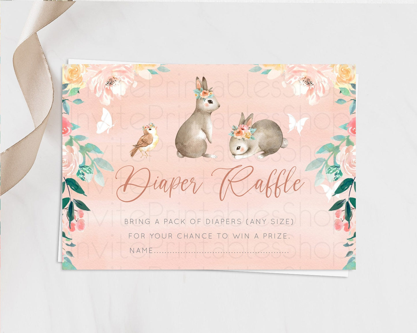 Bunny Diaper Raffle Card Floral Bunny Diaper Raffle Insert Pastel Flowers Woodland Bunny Diaper Ticket Forest Bunny Raffle Game D10922
