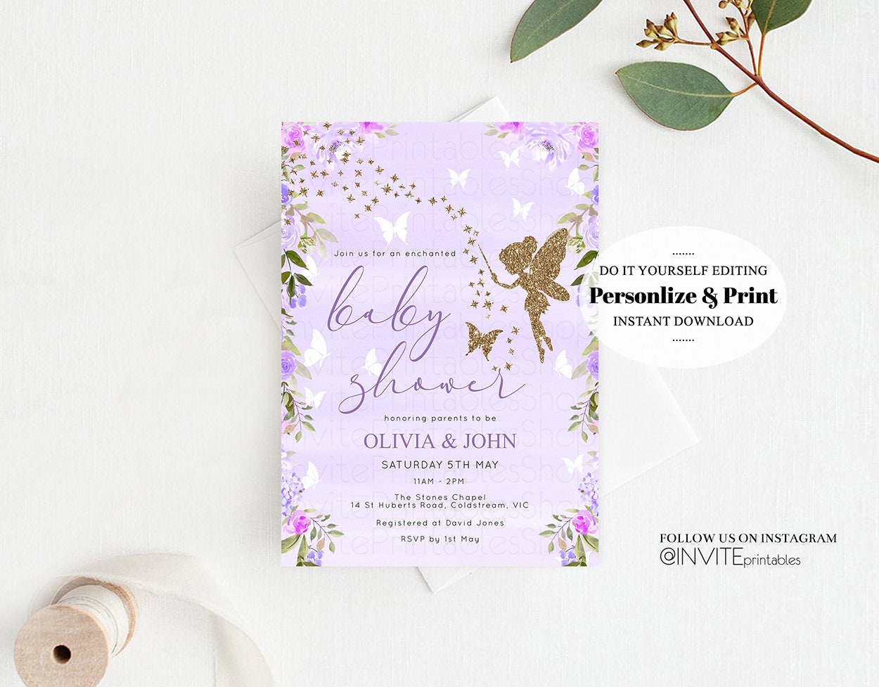 Fairy Baby Shower Invitation Enchanted Baby Shower Tinkerbell Gold Glitter Pixie Sprinkle Twinkle Stars Fairytale Purple Watercolor Flowers