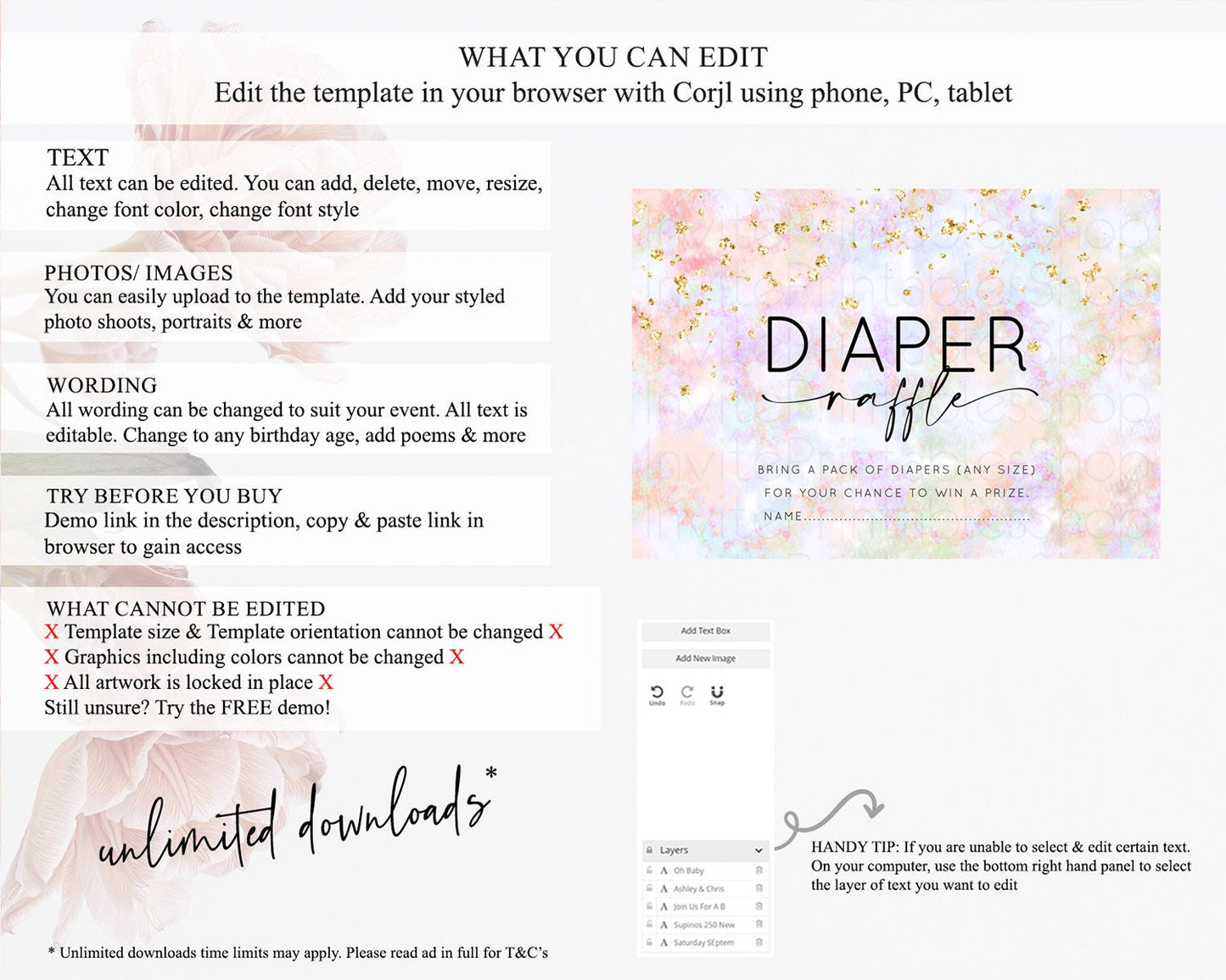 Pastel Diaper Raffle Card Pastel Rainbow Diaper Raffle Insert Colorful Ombre Watercolor Diaper Ticket Confetti Glitter Raffle Game D10649