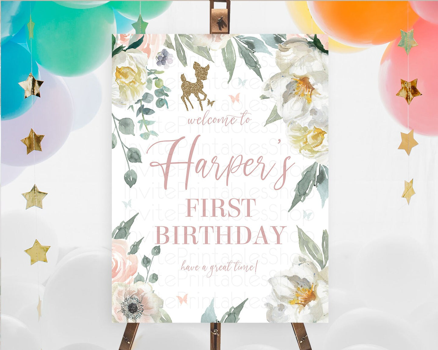 Fawn Welcome Sign Deer Welcome Board Floral Deer Welcome Poster Enchanted Forest Butterfly Pastel Floral First Birthday Welcome Sign D10120