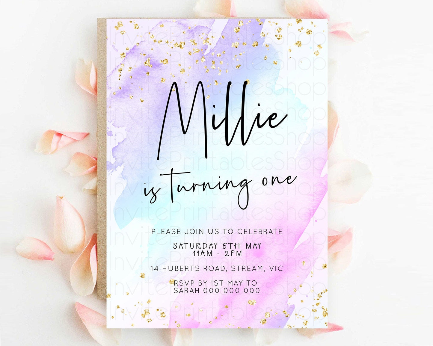 Pastel Birthday Invitation Ombre Watercolor Birthday Invitation Glitter Rainbow Color Splash 1st 2nd 3rd Birthday Invitation D23052