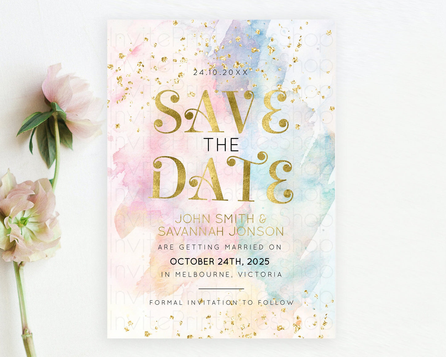 Pastel Save The Date Template Pastel Ombre Rainbow Watercolor Colorful Party For Birthday Baptism Baby Shower Wedding Bridal Shower D10835