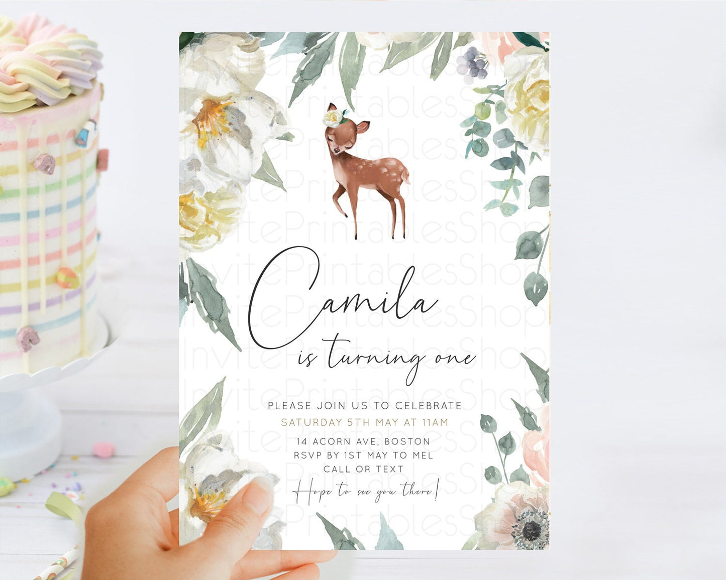 Fawn Birthday Invitation Deer Birthday Invitation Enchanted Forest Party Butterfly Pastel Flowers Whimsical 2nd 1st First Birthday D11030