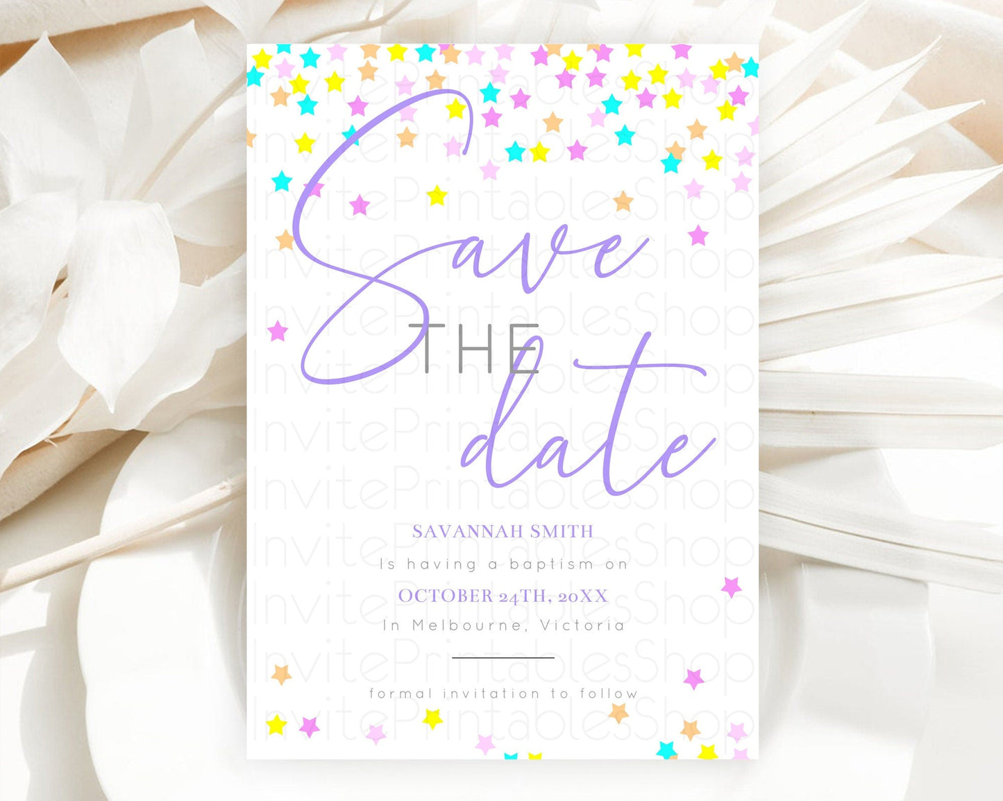 Twinkle Stars Save The Date Template Pastel Twinkle Little Star Party Shooting Star Confetti Sprinkles Birthday Baptism Baby Shower D10397