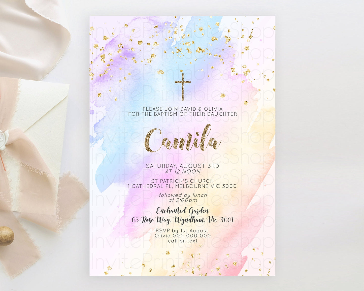 Pastel Baptism Invitation Pastel Colors Watercolor Baptism 1st Birthday Party Gold Ombre Pastel Rainbow Christening Holy Communion D10633