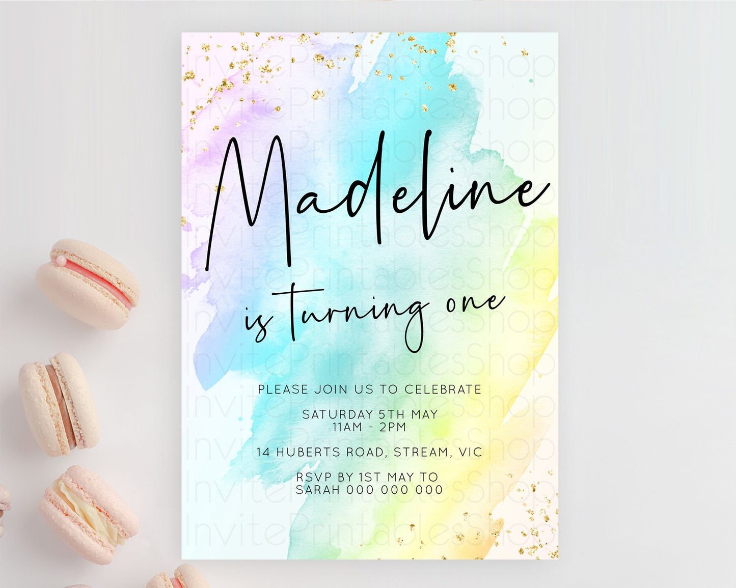 Rainbow Birthday Invitation Colorful Pastel Watercolor Invitation Gold Glitter Sprinkles Ombre Pastel 1st 2nd 3rd Birthday D10171