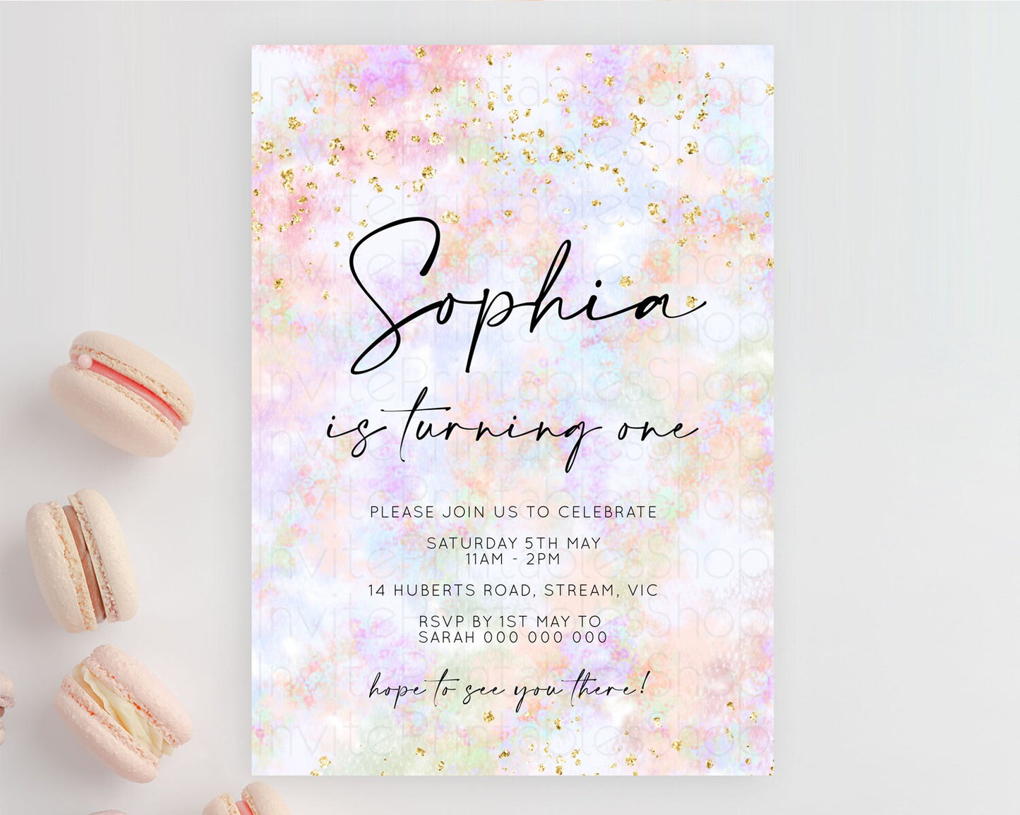 Rainbow Birthday Invitation Colorful Pastel Watercolor Invitation Gold Glitter Sprinkles Ombre Pastel 1st 2nd 3rd Birthday D10649