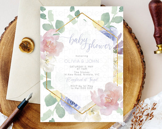 Wildflower Baby Shower Invitation, Secret Garden, Organic Pastel Colors, Flowers in Pink, Blue, Leafy Greens Floral Botanical Theme D10254