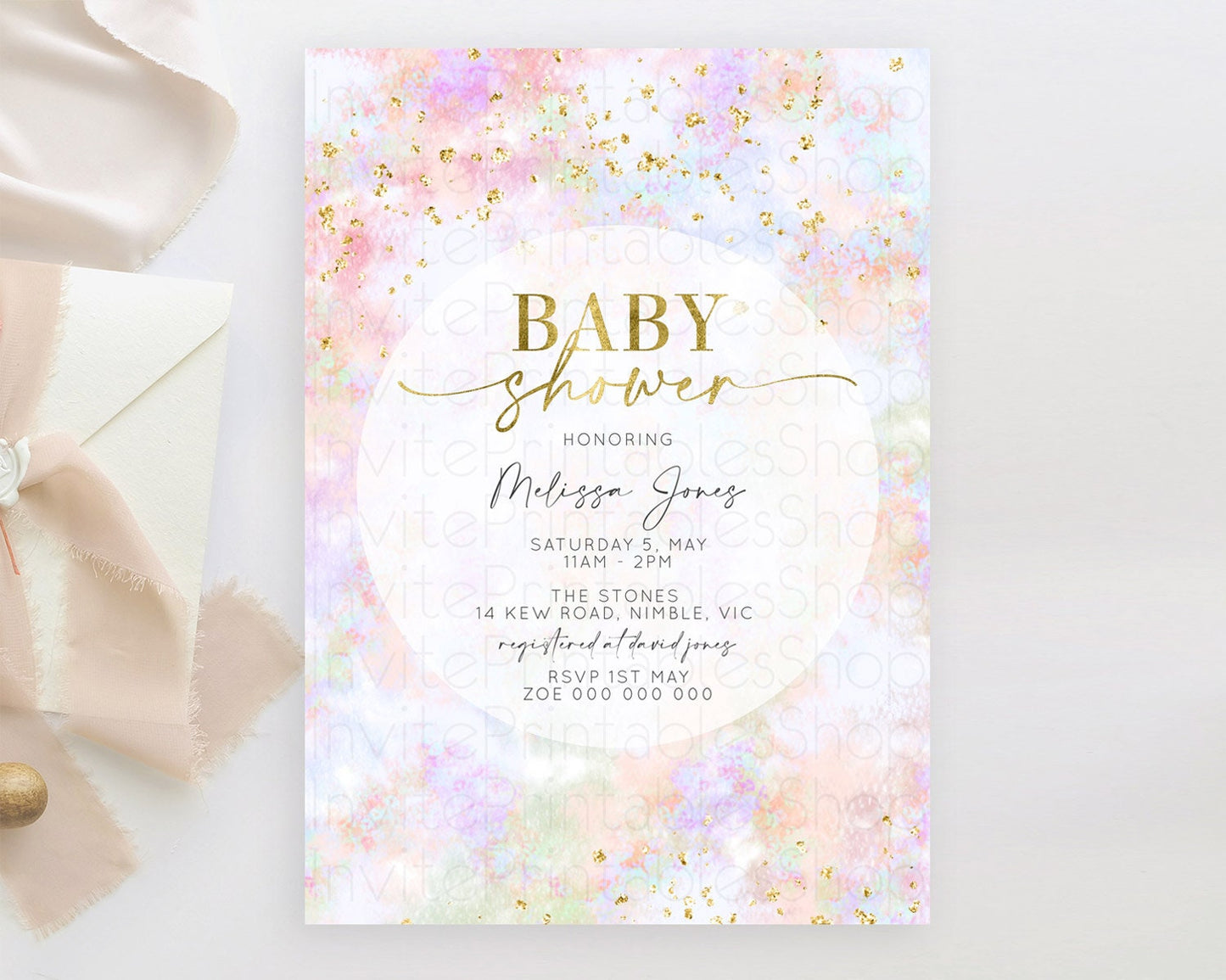 Pastel Baby Shower Invitation Rainbow Baby Shower Invitation Colorful Pastel Watercolor Invitation Gold Glitter Sprinkles Ombre D10649