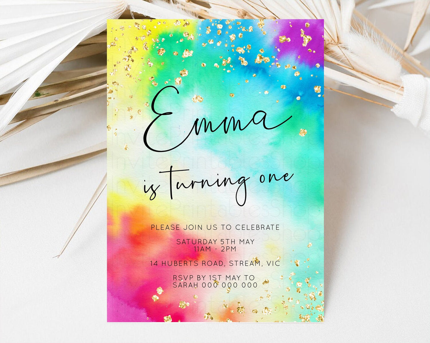 Tie Dye Rainbow Birthday Invitation Colorful Pastel Invite Ombre Watercolor Invite Rainbow Splash Glitter Sprinkle Invite 1st 2nd 3rd 511