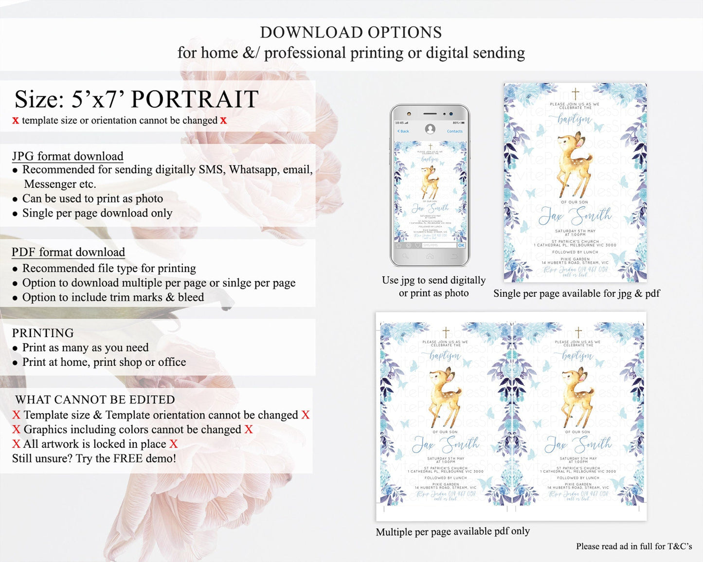 Fawn Baptism Invitation Deer Baptism 1st Birthday Invitation Enchanted Forest Christening Invitation Pastel Garden Butterfly Floral D10917