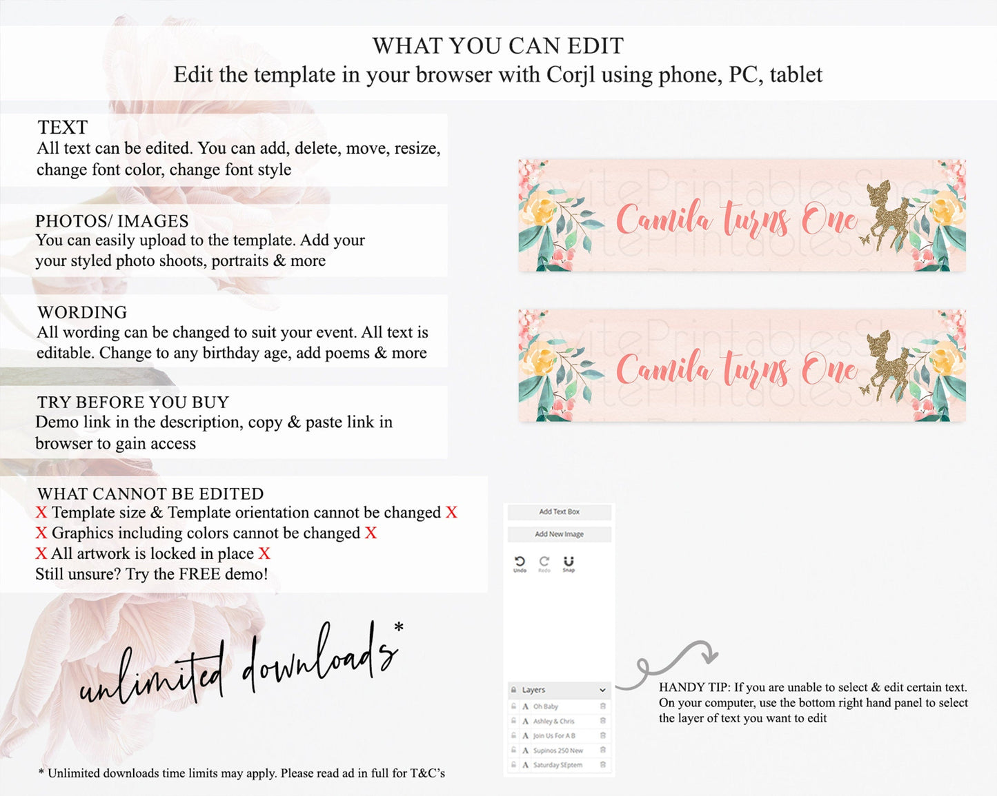 Fawn Deer Water Label Template Pastel Floral Deer Enchanted Forest Butterfly Party Decor Birthday Baptism Baby Shower Bridal Shower D10873