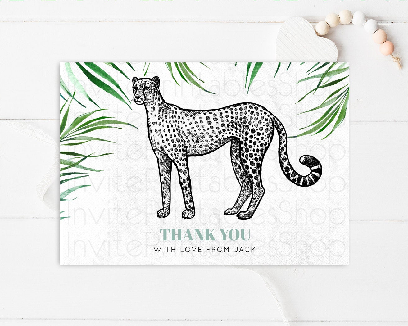 Cheetah Thank You Card Tropical Palm Fern Wild One Safari Jungle Zoo Party Foldable Card Tent Flat Postcard Detail Insert Card Birthday 287