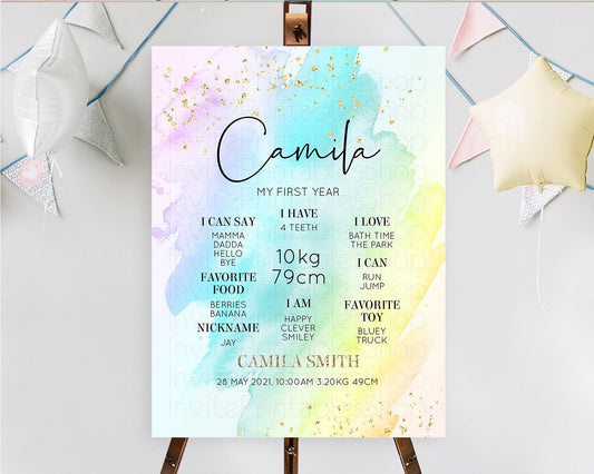 Pastel First Birthday Milestone Board Pastel Rainbow Milestone Poster Colorful Confetti Watercolor Glitter 1st Birthday Welcome Sign D10171