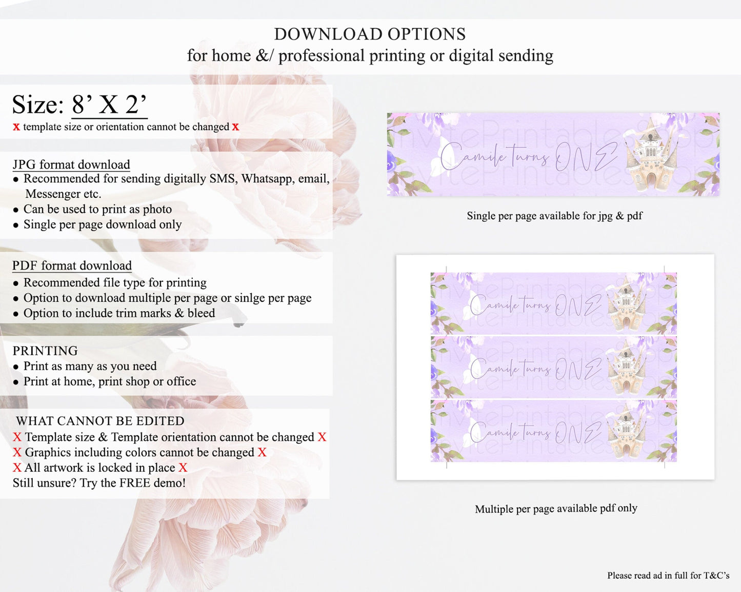 Princess Water Label Template Secret Garden Enchanted Castle Pastel Floral Royal Party Decor For 1st Birthday Baptism Baby Shower D10339