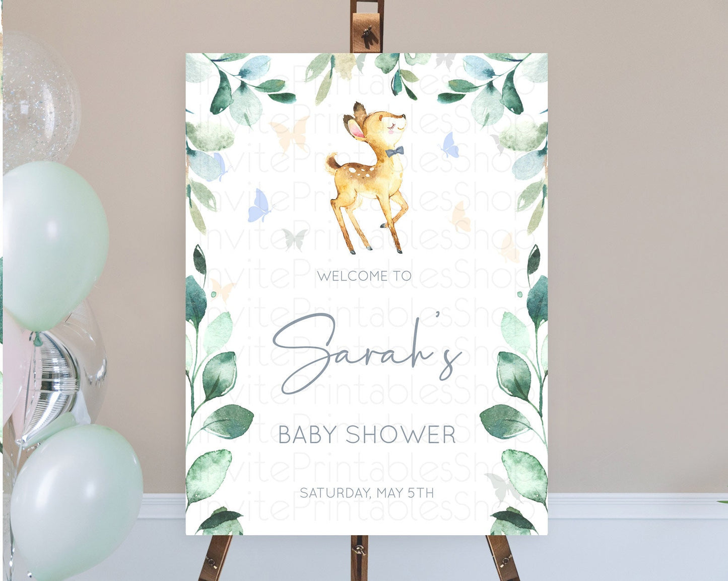 Fawn Baby Shower Welcome Sign Deer Welcome Board Floral Deer Welcome Poster Enchanted Forest Butterfly Pastel Floral Welcome Sign D10767