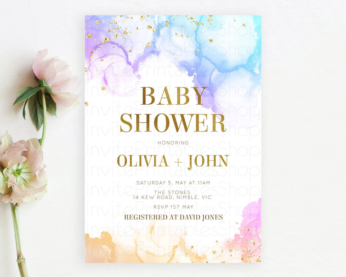 Pastel Baby Shower Invitation Rainbow Baby Shower Invitation Colorful Pastel Watercolor Invitation Gold Glitter Sprinkles Ombre D11018