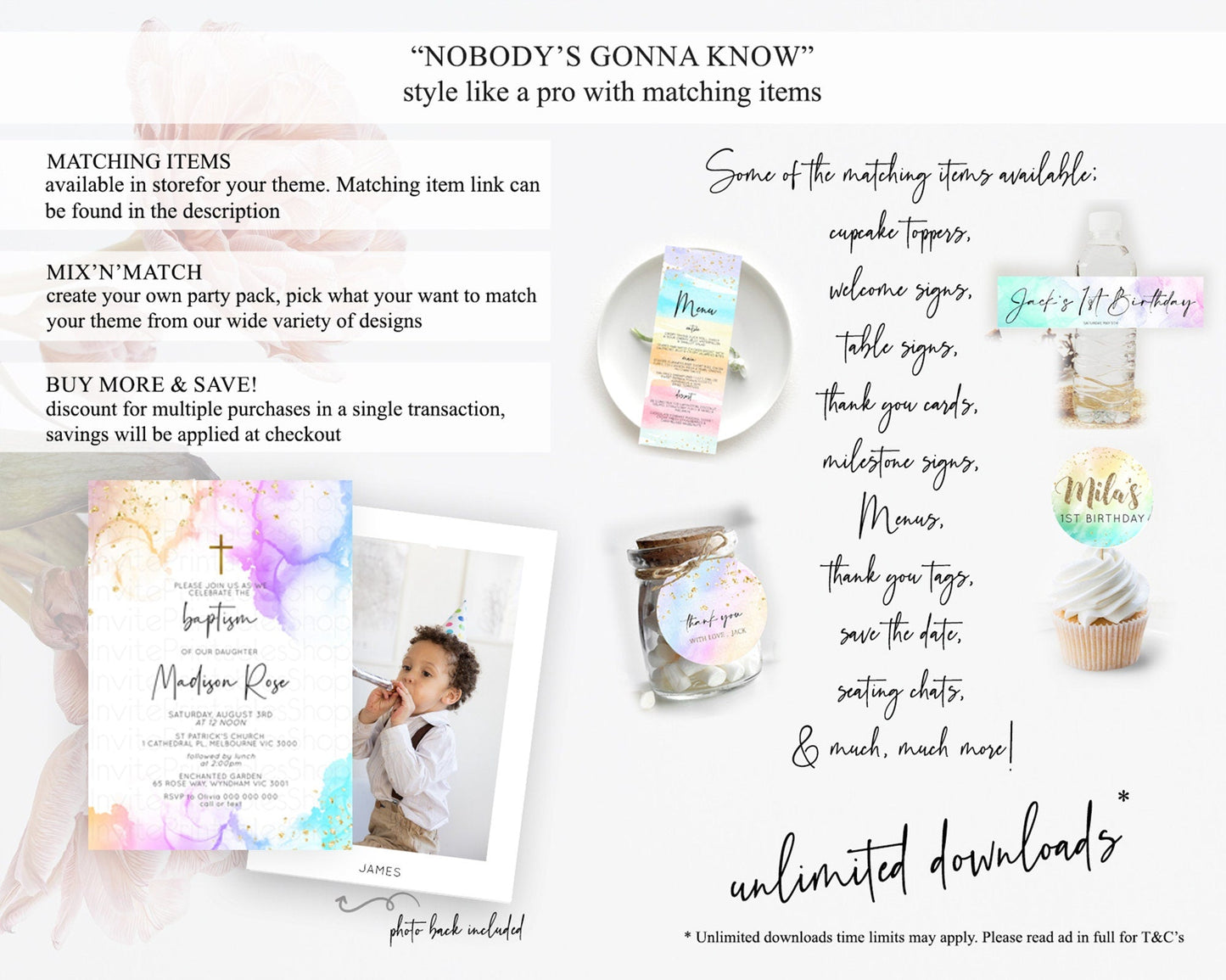 Pastel Baptism Invitation Pastel Colors Watercolor Baptism 1st Birthday Party Gold Ombre Pastel Rainbow Christening Holy Communion D10180